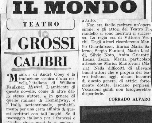 Foto sezione teatro Sergio Fantoni: 1951 Maria di A. Obey. Regia di Vittorio Vecchi. Con Marisa Mantovani, Manlio Guardabassi e Silvio Noto. 1951.